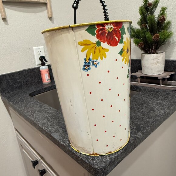 1950's Retro N.C. Color Ware Yellow & White Floral Metal Waste Bin - Picture 9 of 17